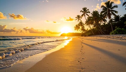Golden sunset over a tropical beach.  Soft waves lap at the shore