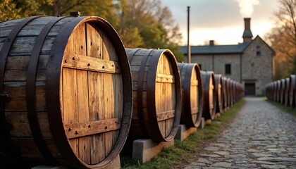 Line of wooden barrels outside stone building at sunset. Rustic barrels with metal hoops are stored on a cobblestone path. Aged wood grain visible. Soft golden light illuminates scene.
