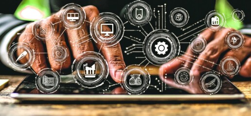 Hands interacting with a digital interface overlayed on a tablet, displaying interconnected industrial icons