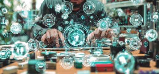 Person interacting with a holographic interface on a tablet, surrounded by digital icons