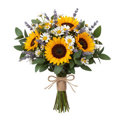 Obraz premium Vibrant sunflower and daisy bouquet with lavender accents