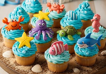 Colorful marine animal cupcakes for party