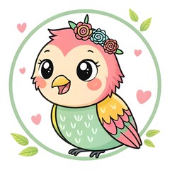 Adorable Baby Rose-Crowned Fruit Dove Chick Glittering Feathers In Cute Chibi Cartoon Style, Kawaii Bird Illustration With Sparkly Eyes, Pastel Colors, And Playful Magical Charm