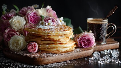 Stack of golden pancakes with roses and coffee