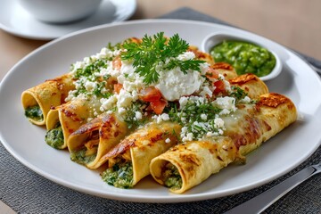 Spinach and chicken enchiladas with green sauce, sour cream, cheese and chopped tomato on white plate