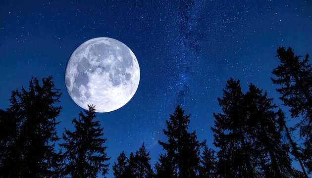 Full moon over a dark forest at night. Silhouetted evergreens frame the large, luminous moon against a starry, milky way sky
