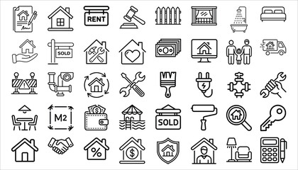 Real Estate Icons Set Property, Rent, Sale, Mortgage, Home Repair, Construction, Investment Vector