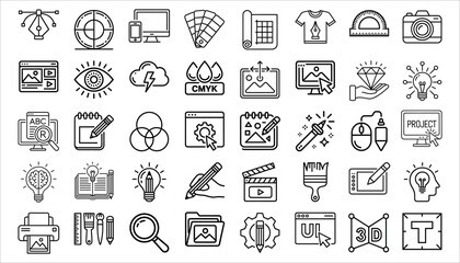 Graphic Design Icons Set Creative Tools, UI UX, Typography, CMYK, Vector, Digital Art, Illustration