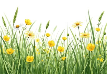 Watercolor Meadow with Yellow Buttercups, Daisies, and Green Grass on White