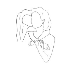 Daughter hugs mother. Little girl with mom. Woman and child, teen or adolescent. Family graphic vector illustration, sketch line art style. For Mother, Daughter Day holiday. Cards, article layout