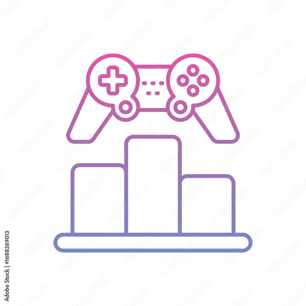 Poster a gradient icon of a game controller above a bar graph resting on a base. editable stroke. vector ic