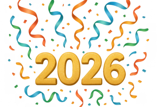 2026 golden text celebrating new year with colorful confetti and ribbons on transparent background - Powered by Adobe