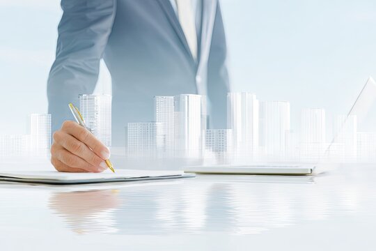 Businessperson writing, city skyline overlay