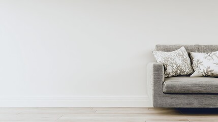 Minimalist living room featuring a gray fabric sofa and decorative pillows against a white background with ample negative space.