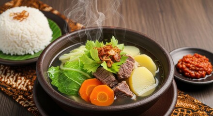 Indonesian Beef Soup, Soto Daging, Served with Rice and Sambal