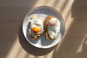 Fried eggs on toast for breakfast.