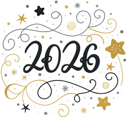 Elegant 2026 New Year Celebration with Stars and Swirls