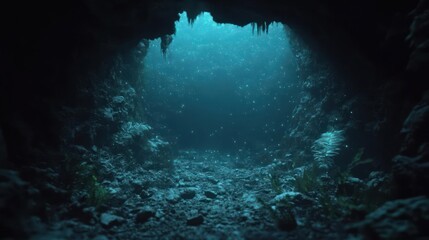 Obraz premium Subterranean aquatic environment reveals geological formations and underwater flora exploration