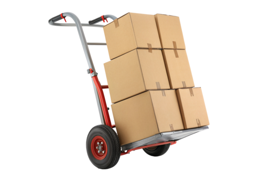 Efficient moving equipment with wheeled dolly and stacked cardboard boxes for easy transportation