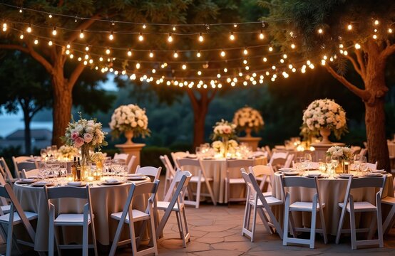 Romantic seaside wedding reception setup at twilight, adorned with twinkling string lights, elegant white floral centerpieces. Tables feature fine china, glassware, candles creating intimate, magical