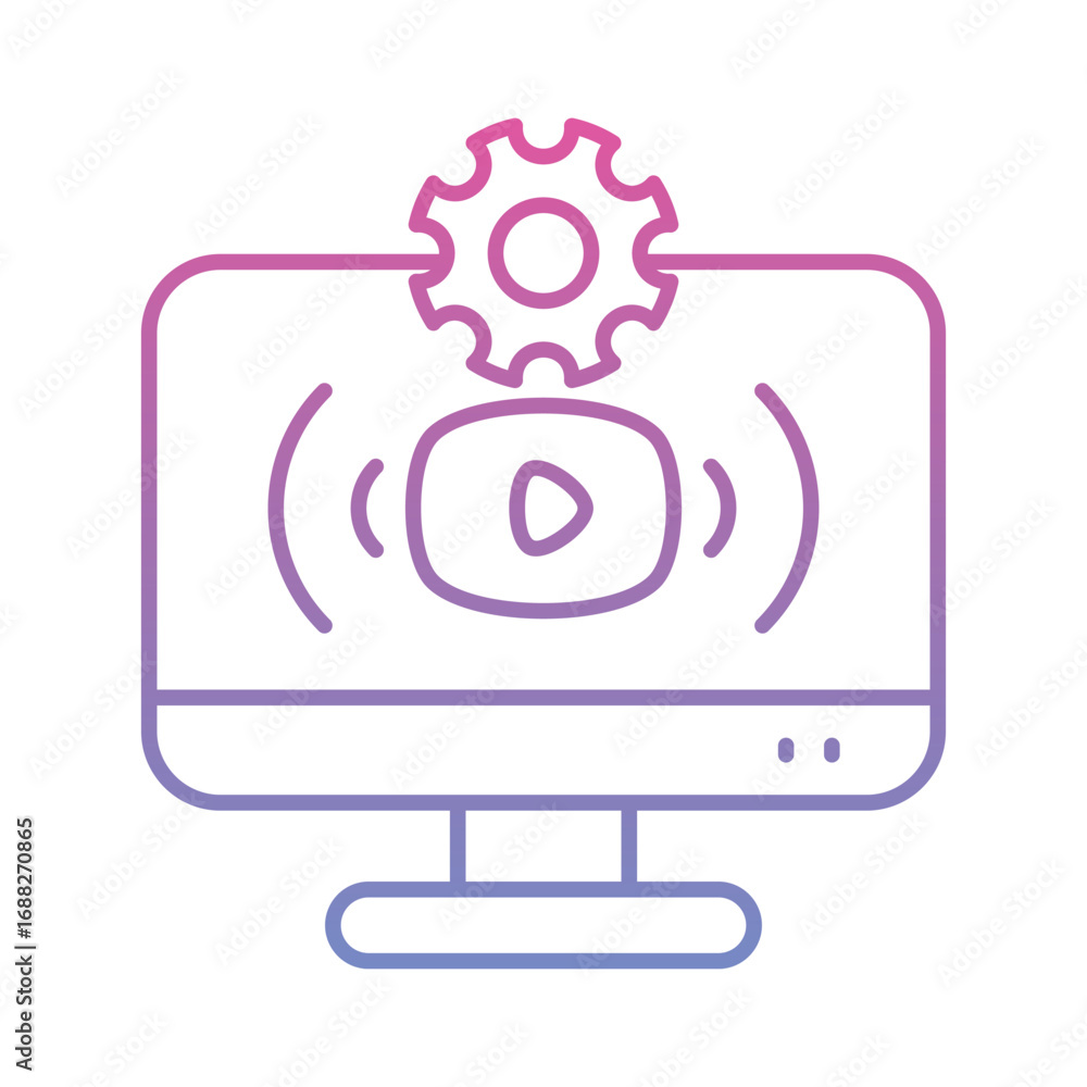 Poster a screen displays a play button surrounded by sound wave lines with a gear above. editable stroke. v