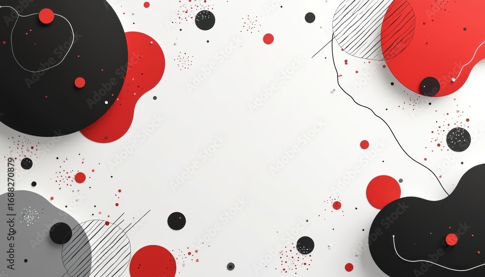 Poster abstract composition with red, black, grey shapes on white background. includes geometric elements l
