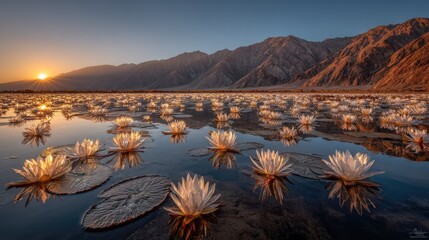 Sunrise over a field of water lilies.