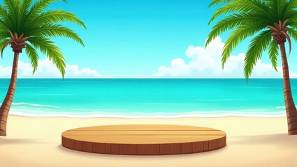 Fototapeta premium A circular wooden platform sits on a pristine sandy beach, framed by two lush palm trees against a vibrant turquoise ocean and bright blue sky dotted with fluffy white clouds