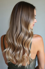 Naklejka premium Woman with smooth ash blonde balayage hair shown from back. Healthy texture, soft waves, stylish coiffure, natural elegant look. Chic beauty, silky shine, hair care, clean soft style. Trendy refined