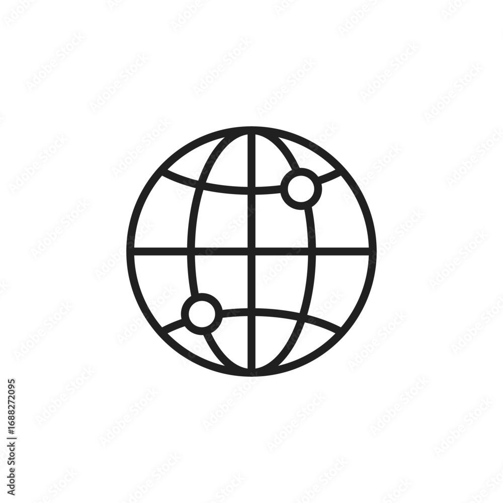 Aufkleber an illustration of a globe with grid lines and two points marked on its surface. editable stroke. ve