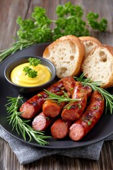 Grilled sausages with rosemary, mustard and bread on black plate