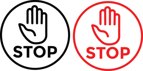 Fototapeta premium hand stop icon set. Red and black stop sign with hand icon set, stop hand icon. vector png illustration. 