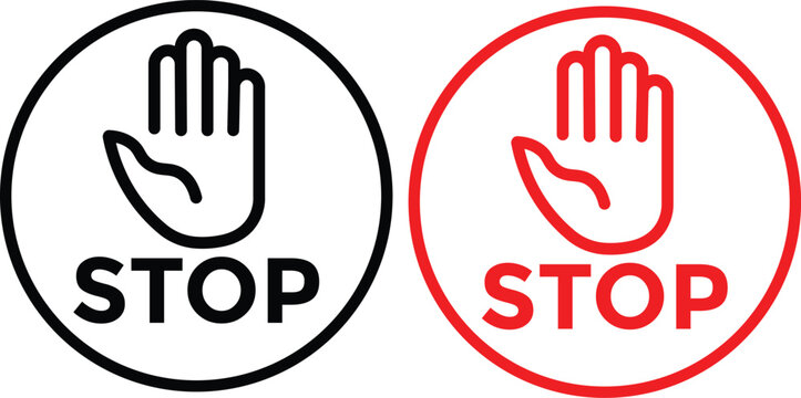 hand stop icon set. Red and black stop sign with hand icon set, stop hand icon. vector png illustration.

