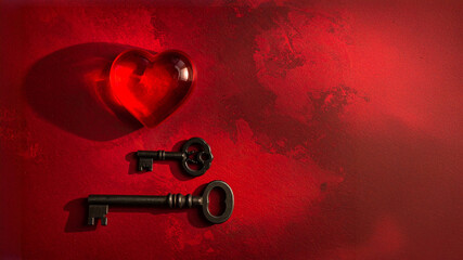 A vibrant glass heart and two antique keys rest on a richly textured, moody red background. This image conveys romance, mystery, and unlocking hidden feelings.