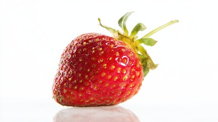 A ripe strawberry sits isolated on a pure white background, showcasing its vibrant color and freshness.