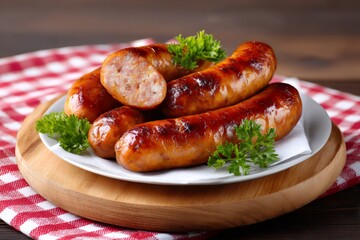 Juicy grilled sausages resting on white plate with parsley on wooden board