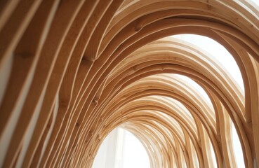 Modern interior architecture curved wooden arch ceiling detail. Smooth, light-filled space features natural wood paneling with warm, organic texture. Minimalist design highlights sustainable