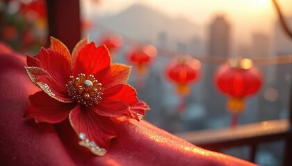 Elegant red bauhinia flower brooch adorns silk fabric. Golden sunlight highlights delicate petals, rhinestones. Festive red lanterns, city skyline celebrate Hong Kong establishment day with tradition.