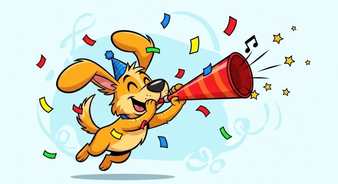 happy dog blowing horn with confetti clip art preview