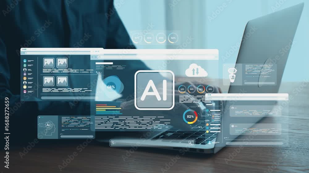 Poster a modern workspace featuring a laptop displaying advanced artificial intelligence technology, comple