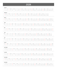 2026 Linear Calendar. Replaceable Text. One line calendar template