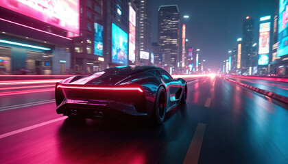 Fototapeta premium Hyper-realistic futuristic electric car speeds through neon-lit city streets at night. Sleek, modern automobile displays glowing red taillights, creating streaks of light on wet asphalt. Cyberpunk