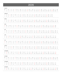 2035 Linear Calendar. Replaceable Text. One line calendar template