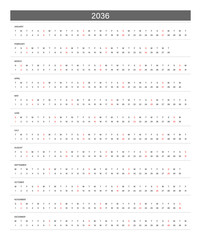 2036 Linear Calendar. Replaceable Text. One line calendar template