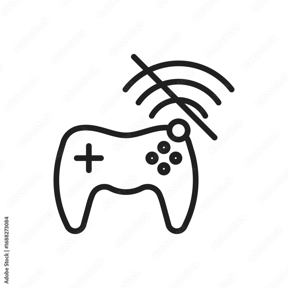 Poster black outline of a game controller with a plus sign round buttons and wireless signal icon crossed o
