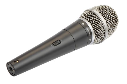 High quality black dynamic microphone isolated on white background for audio recording studio use