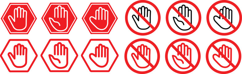 Red and black stop sign with hand icon set. hand icon symbol, vector illustration
