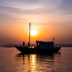 Silhouette of a Fishing Boat at Sunset on the Water.
