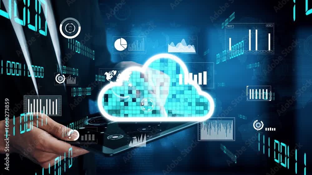 Poster a businessman interacts with a tablet displaying dynamic cloud computing technology, focusing on dig
