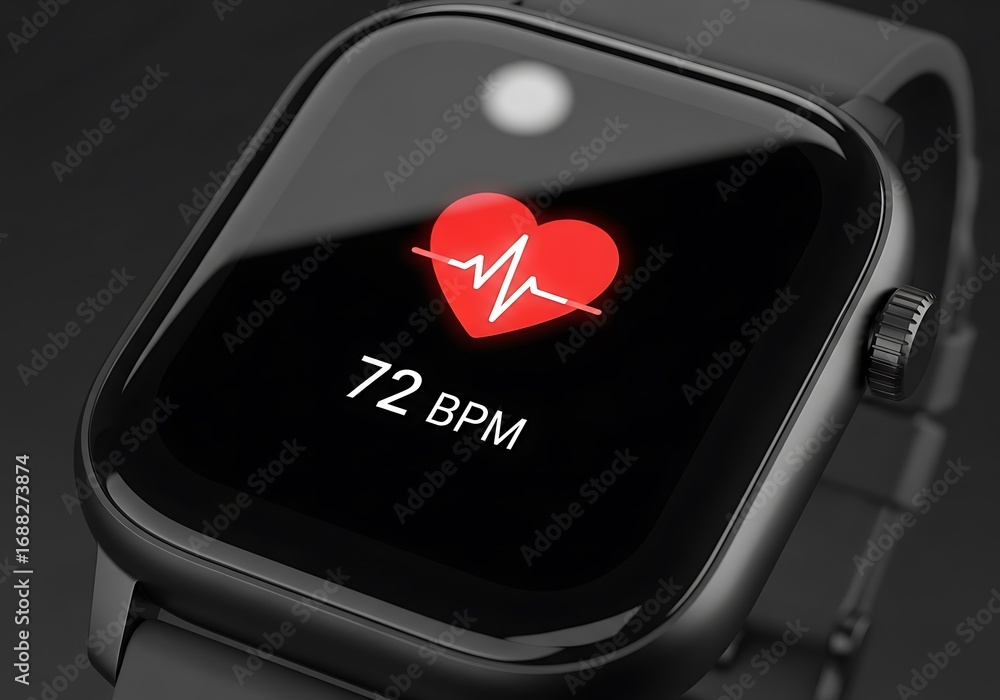 Poster close-up view of a smart watch displaying a heart rate of seventy-two beats per minute.